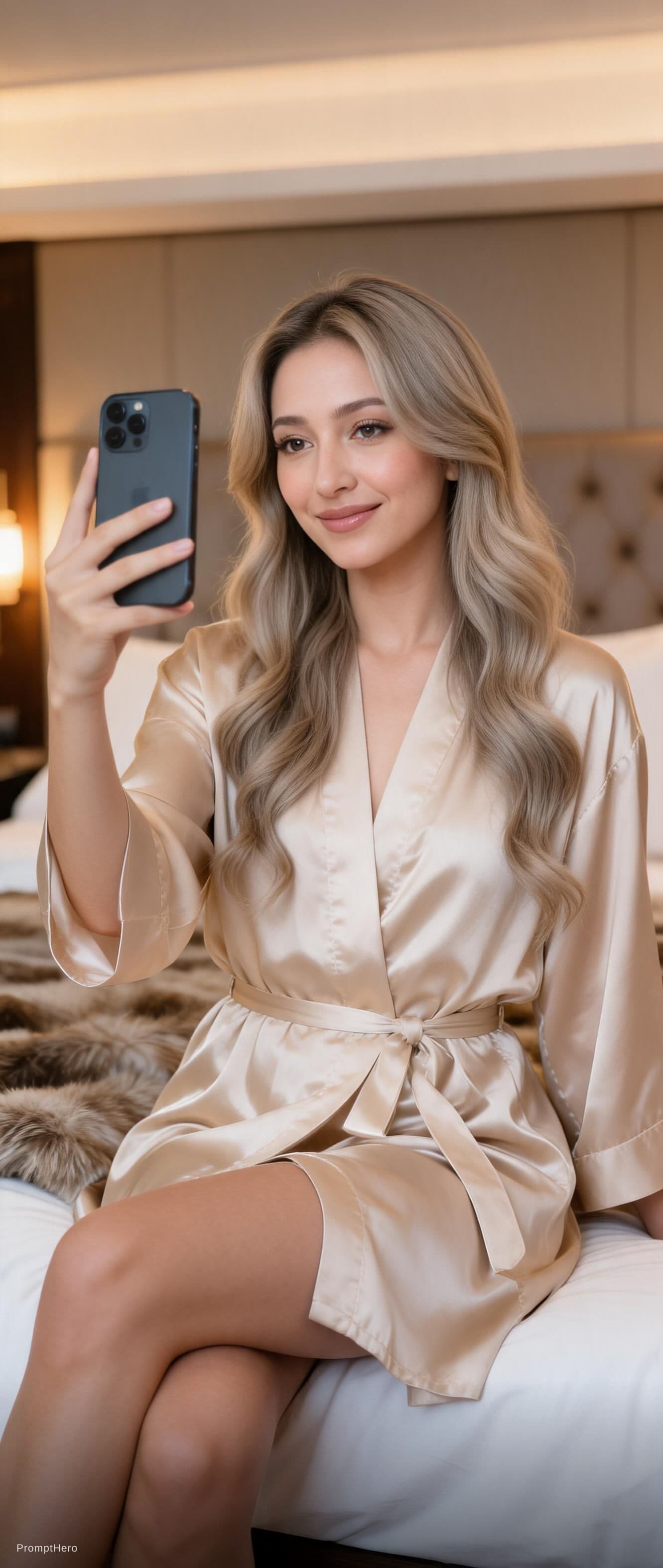 AI generated: A photorealistic selfie-style image of Ciri 30 years old woman with glowing skin, long wavy hair, an...