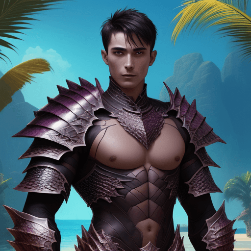 AI generated: A dark short hair man, draconic armour, scales, shirtless, bright oasis background