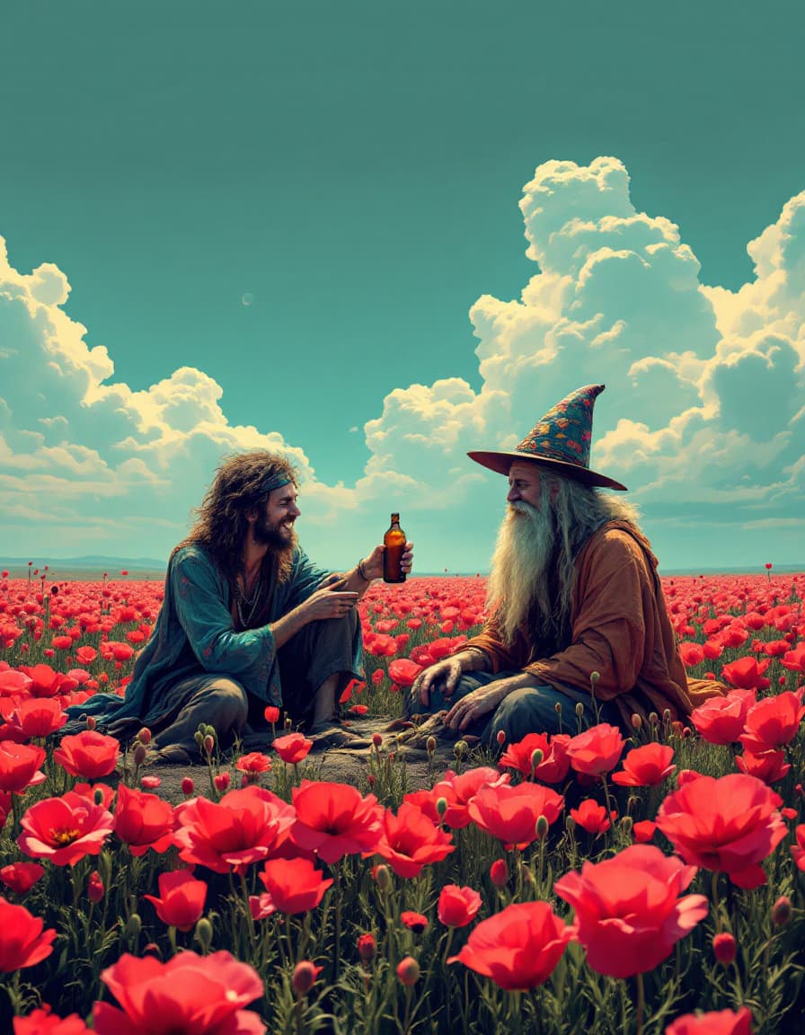 AI generated: a totally wasted  hippie with a dopey grin  in a field of poppies laying prone on ground while talki...