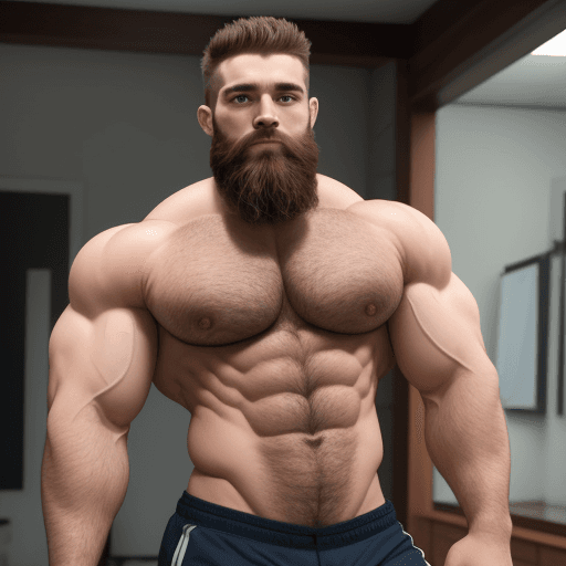 AI generated: Hunky bearded muscle dude abs, big muscles, showing off, head to toe view