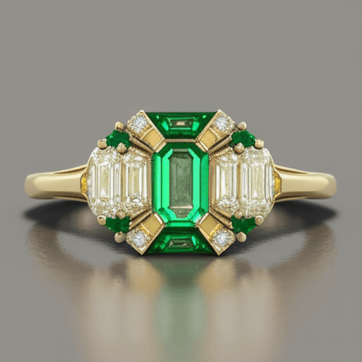 AI generated: classical ring with diamond and emerald, art deco, gold