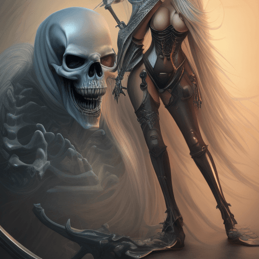 AI generated: The grim reaper Sneaks up behind a blonde bimbo female ,He reaches in front of her to apply his skel...