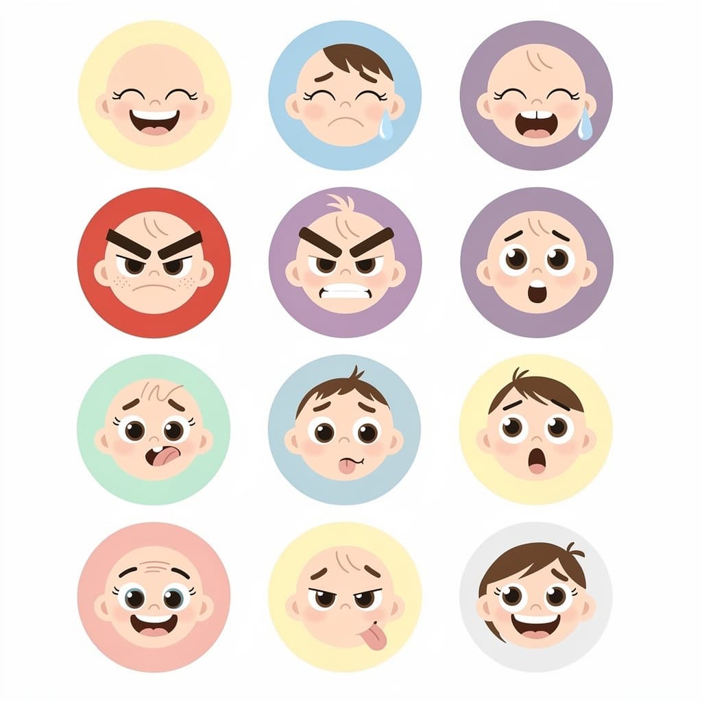 AI generated: 12 cards in a clean 3x4 grid on white background. Each card is a circle with soft edges and solid pa...