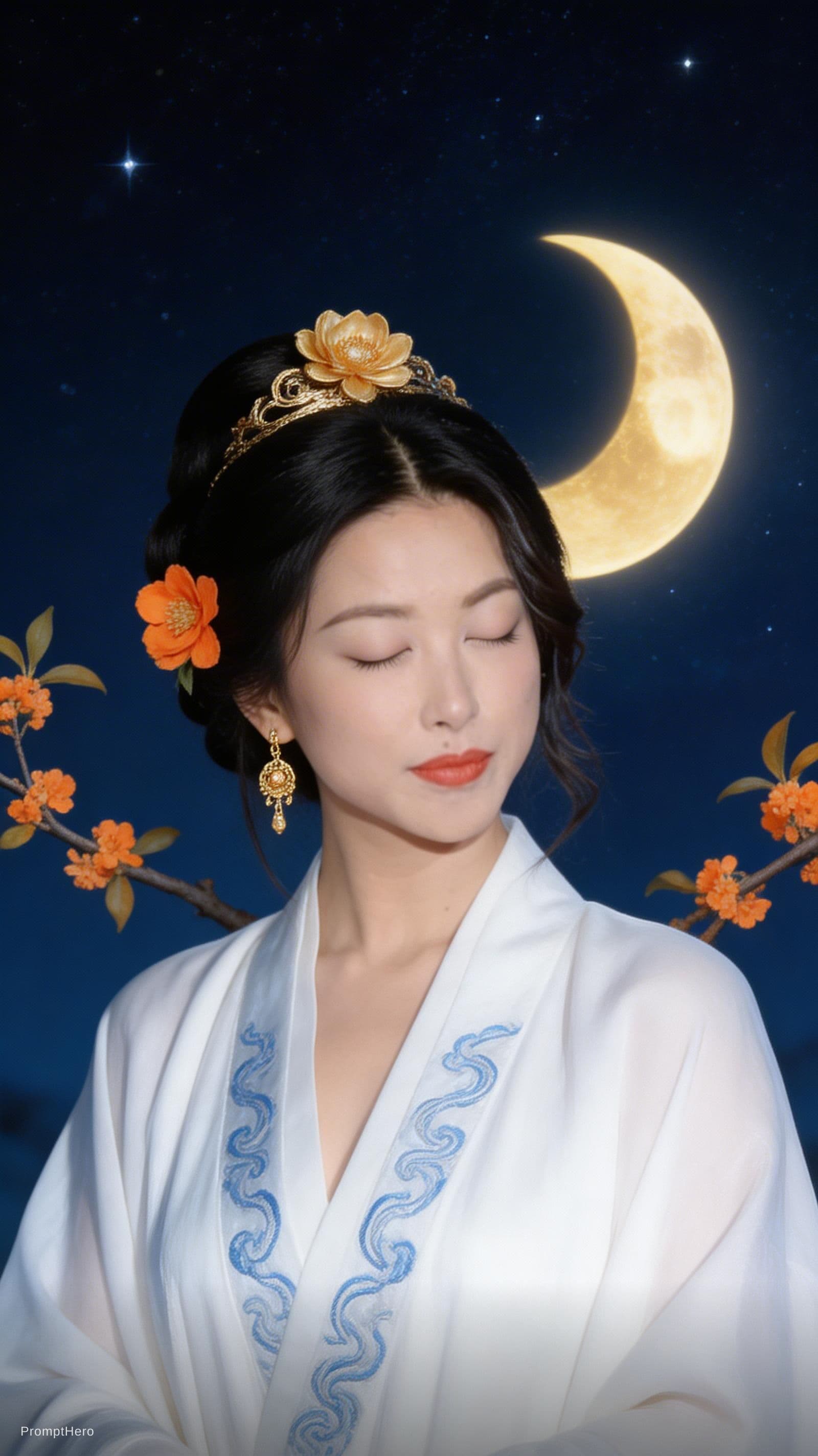 AI generated: Photorealistic artwork of a serene, celestial Asian-inspired woman with pale, porcelain skin and del...