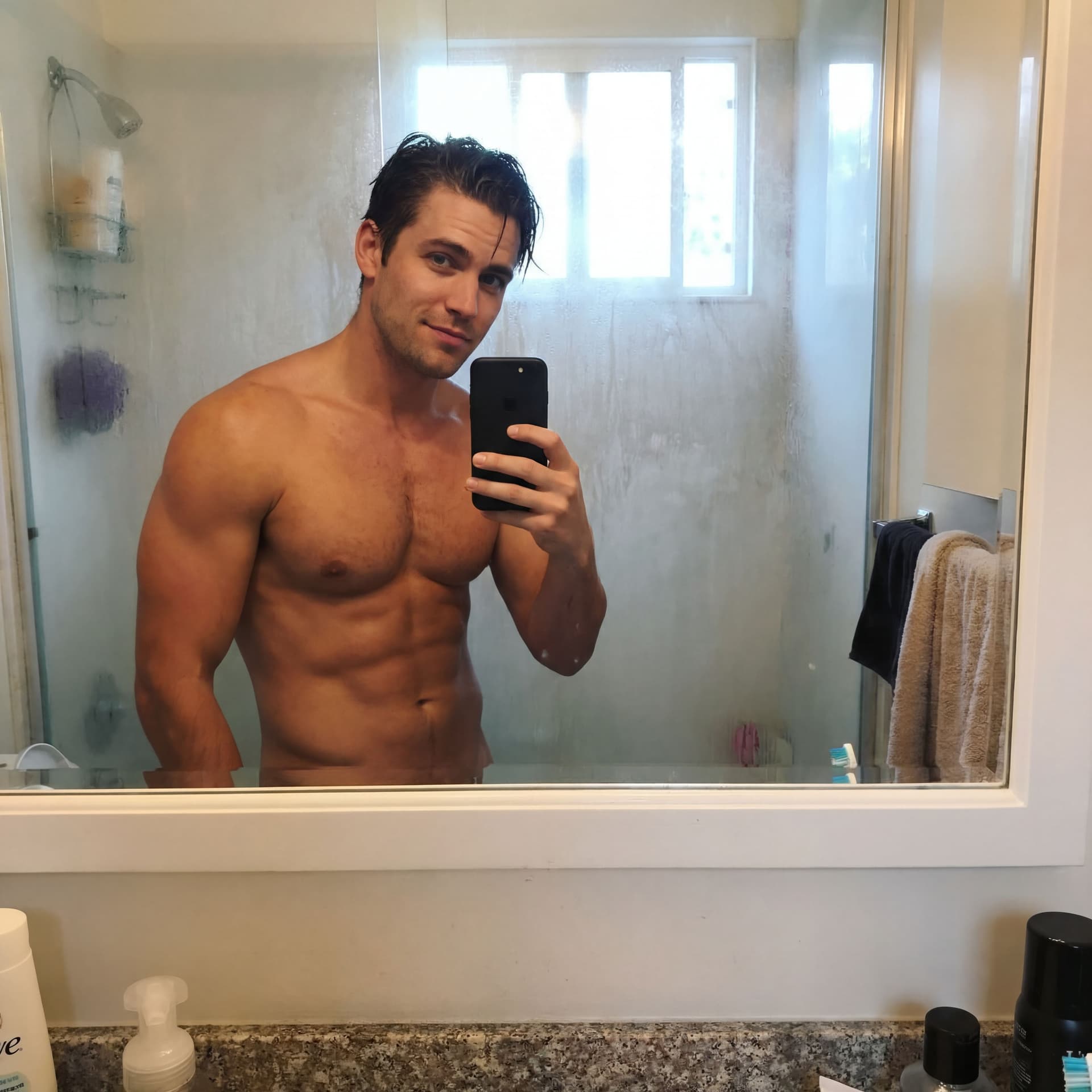 AI generated: Casual mirror selfie in a bathroom, smartphone photo quality.chubby  blonde adult with a playful exp...