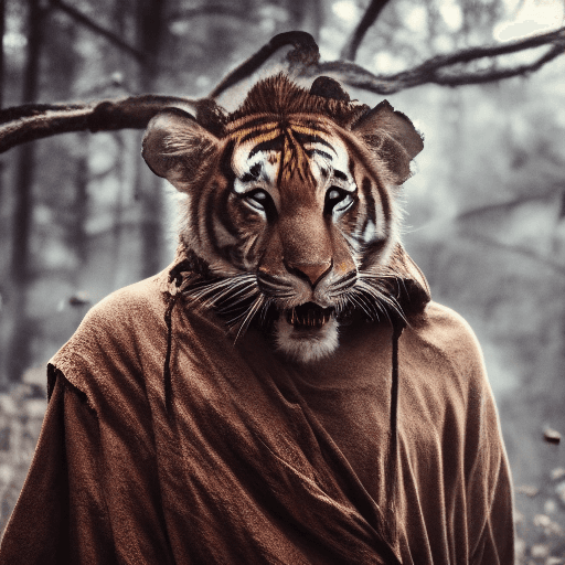 AI generated: cinematic film still awardwinning photo tiger, rust, epic, wearing cultist cloak, full body . shallo...