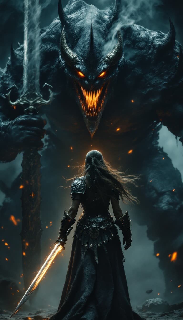 AI generated: In this captivating dark fantasy cinematic photo, a powerful barbarian woman dressed in light chainm...