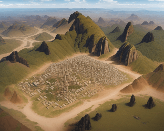 AI generated: hyperrealistic image of an aerial view of a South American native landscape with a population settle...
