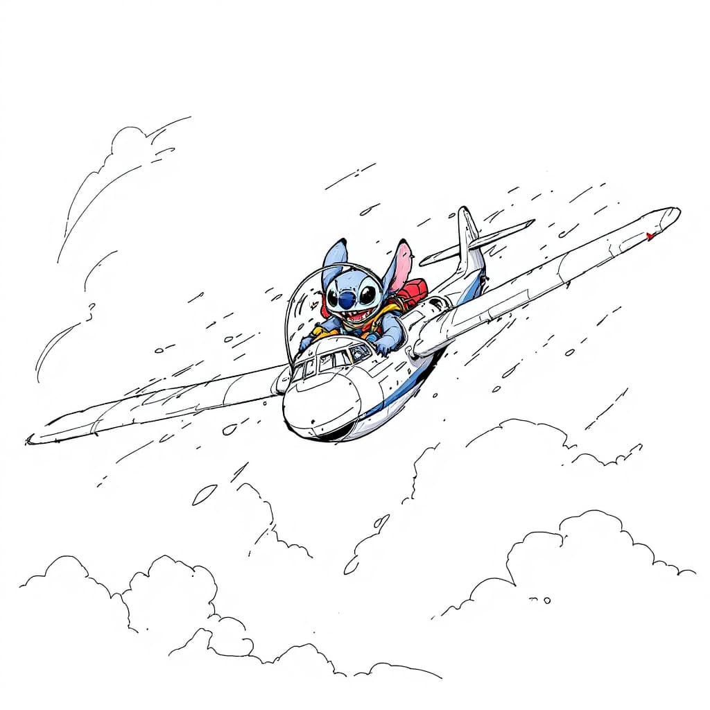 AI generated: Stitch,The action is hilarious,Pen and ink drawings,Fly a plane