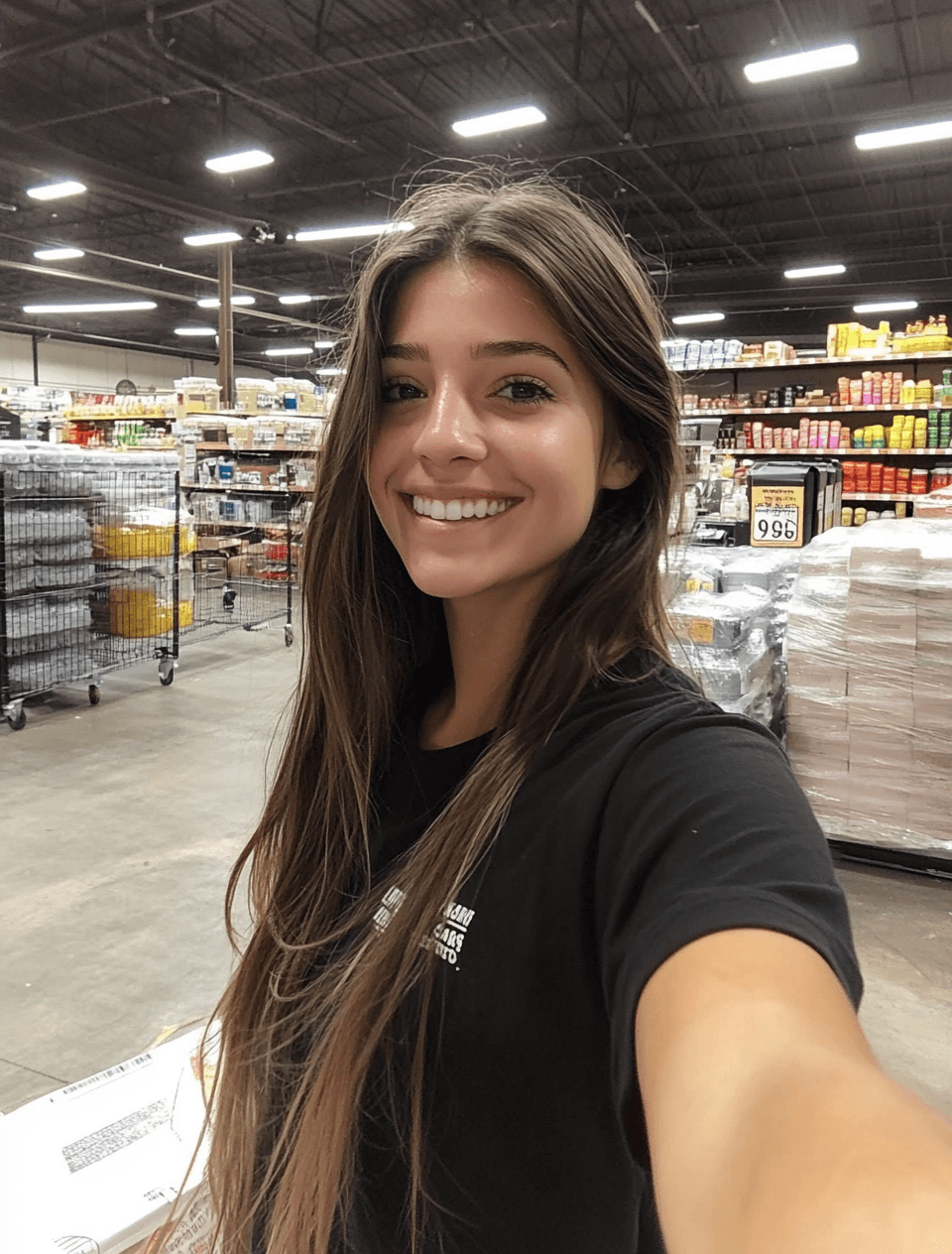 AI generated: A woman with long hair, wearing black t-shirt, in appears at camera, taking an instagram video while...