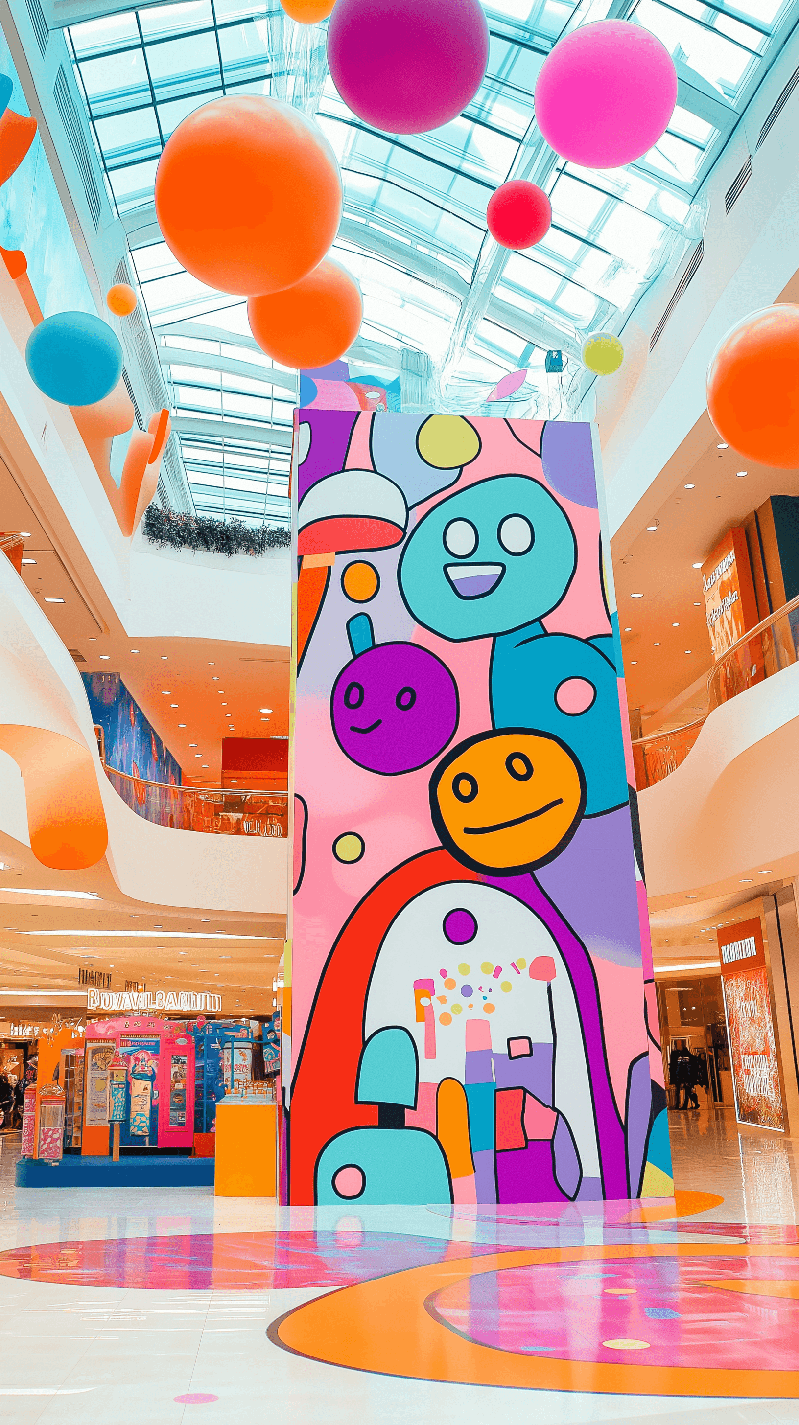 AI generated: playful pop art style, vibrant 2D illustration, interactive pop-up booth design for product launch, ...