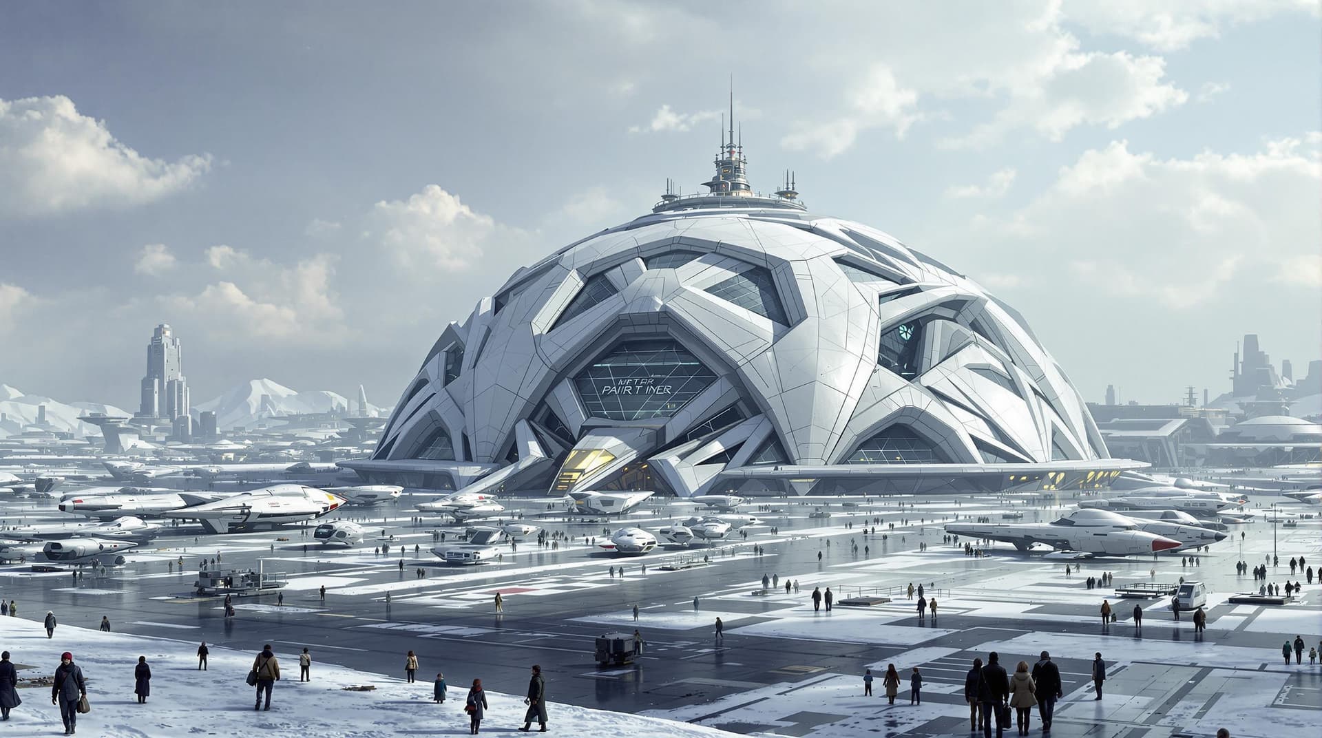 AI generated: A large spaceport with many spaceships parked, people walking around the area. In front of it is an ...