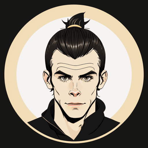 AI generated: Line art logo of a gareth bale , golden, minimal, solid black background --s 50