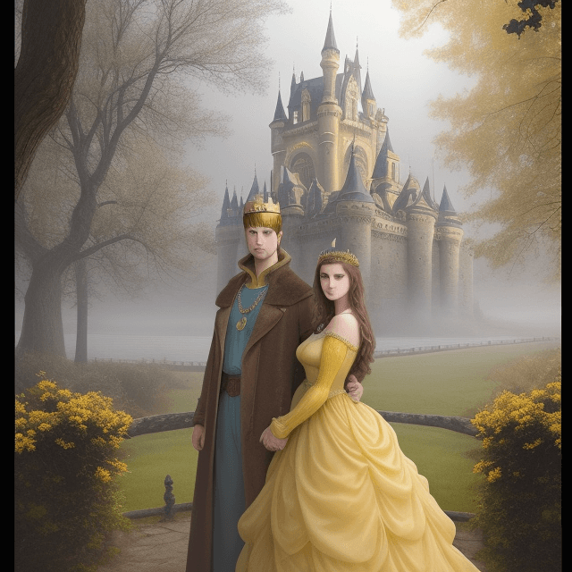 AI generated: 
this is a book cover, it shows a castle, yellow color, fog, trees. That woman with blue eyes, brune...