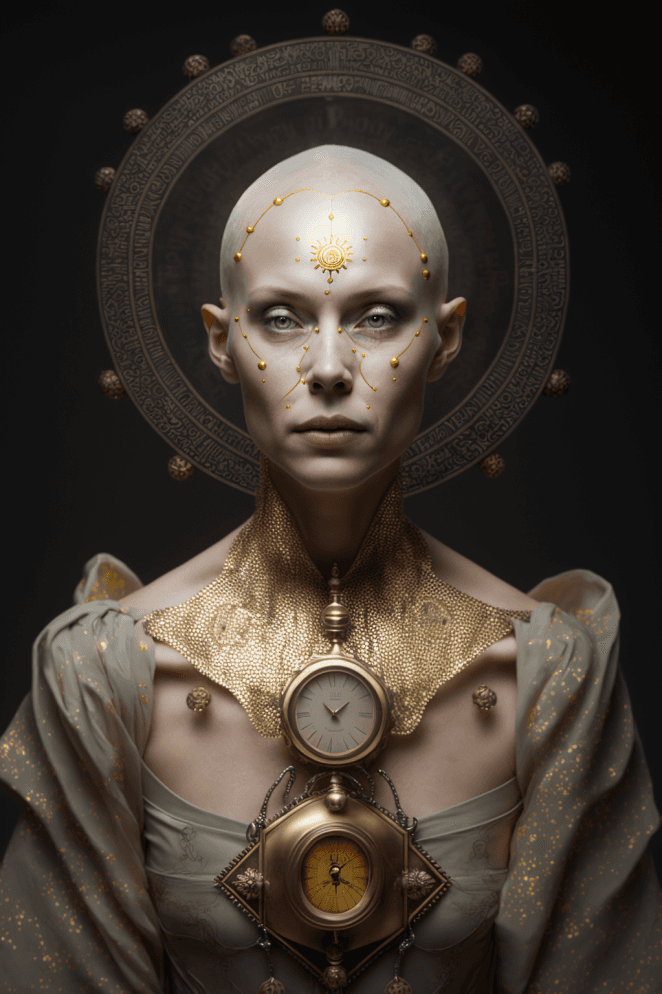 AI generated: woman without hair on her head in full growth with a gold watch around her neck, black background,3d...