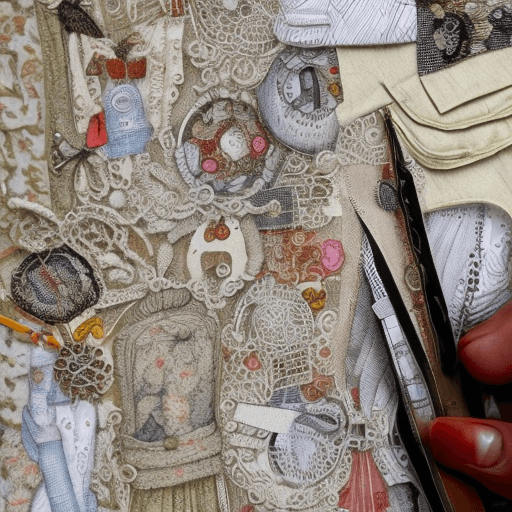 AI generated: A variety of fabrics, sewing machine, sketchbook with designs, focused magnifying glass revealing in...