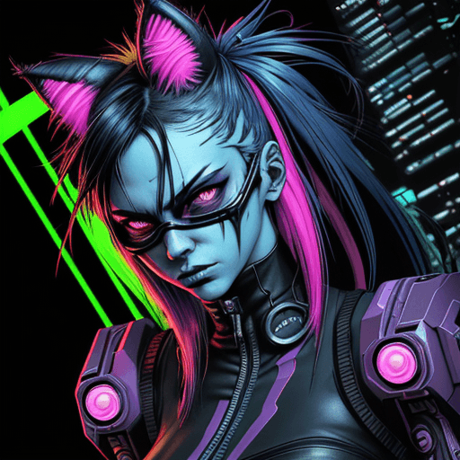 AI generated: cyberpunk cat girl mutant comic style neon colors, high contrast, bold line work, inking, bold color...