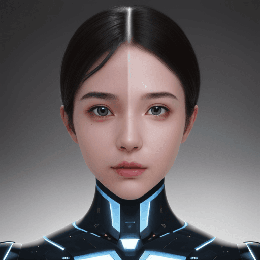 AI generated: Front view of the face of a half-human, half-machine robot with AI, with a side view of an AI-enhanc...