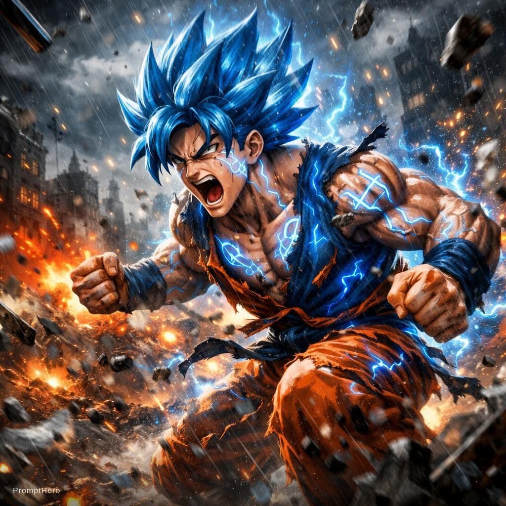 AI generated: realistic style, Goku fighting at war, raging, blue hair, character design, body is adorned with glo...