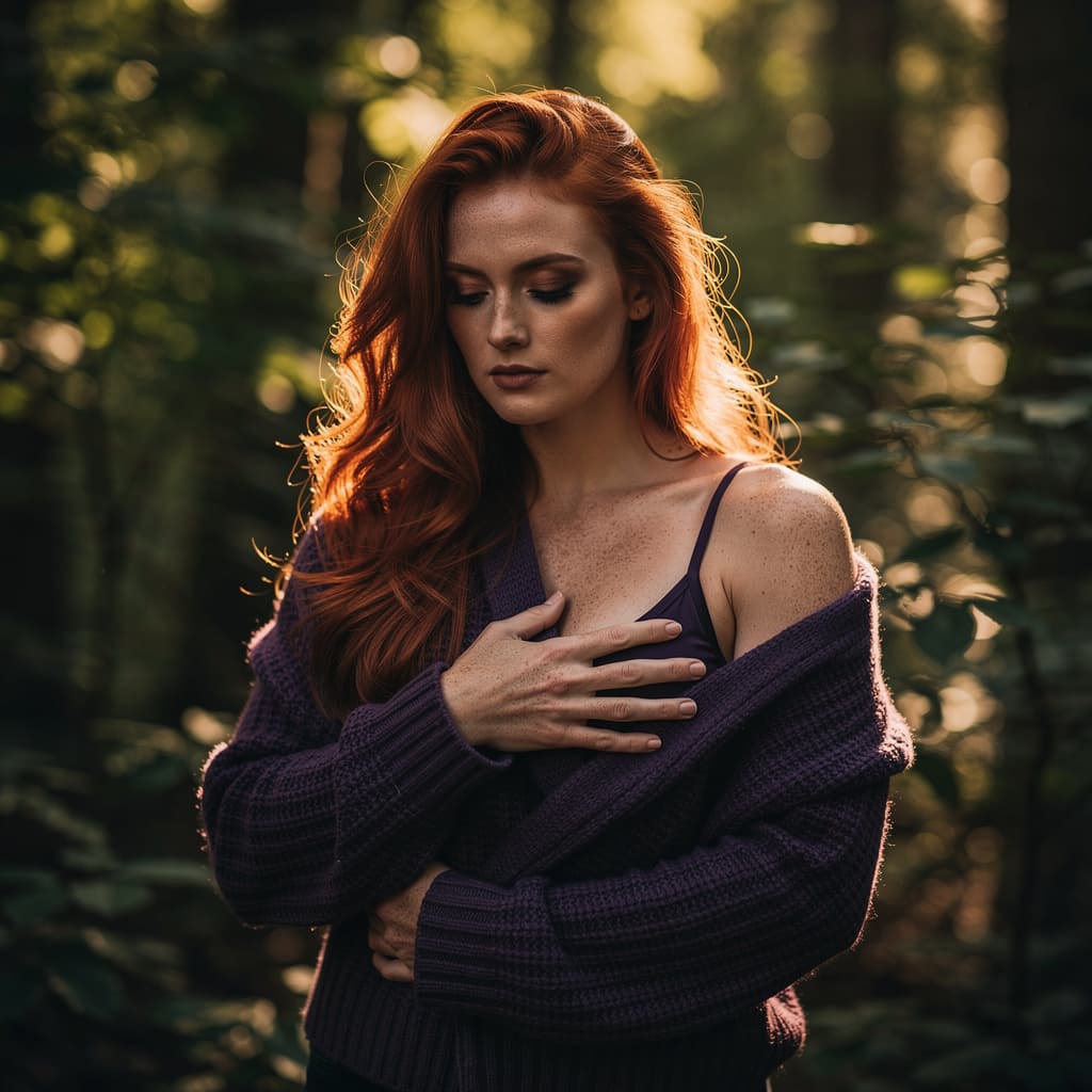 AI generated: A fit 30yo woman with long, wavy red hair stands in a lush forest during golden hour. She has fair s...