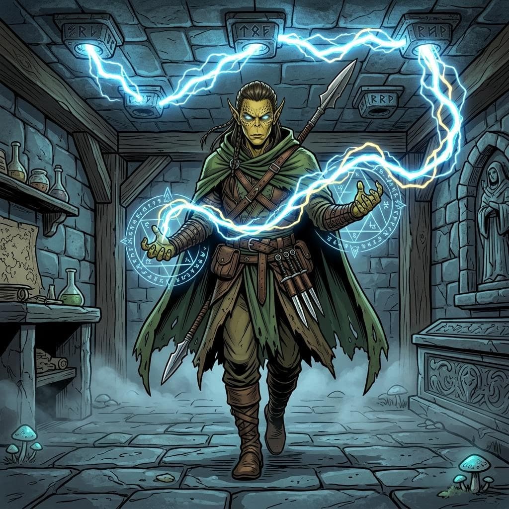 AI generated: a male githzerai ranger uses magic to bend and electrical current traveling from nodes on the ceilin...