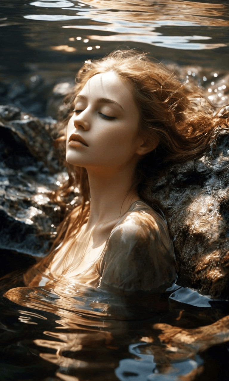 AI generated: digital art, fashion editorial, the redhead young girl in clear water with rocks, volumetric lightin...