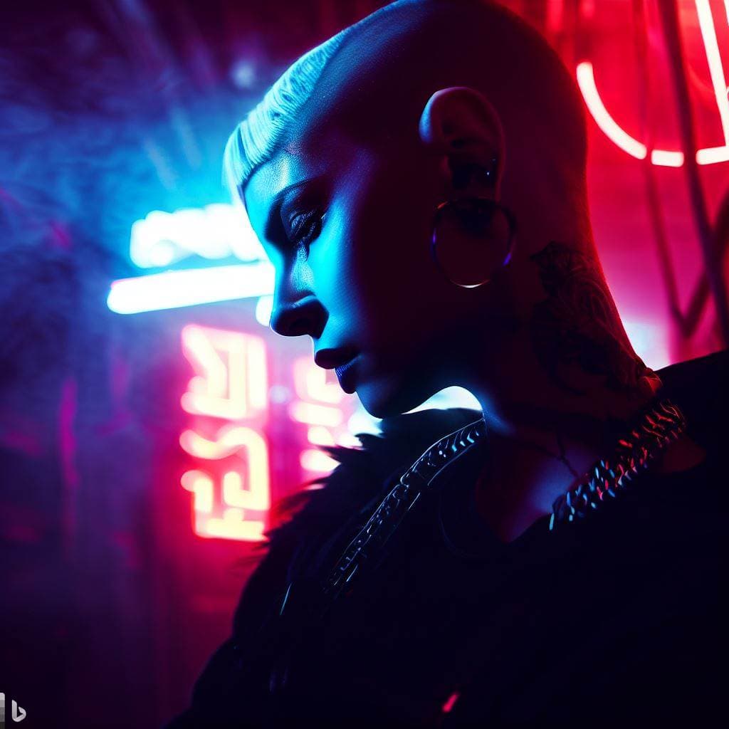 AI generated: beautiful pale cyberpunk female with heavy black eyeliner, blue eyes, shaved side haircut, hyper det...