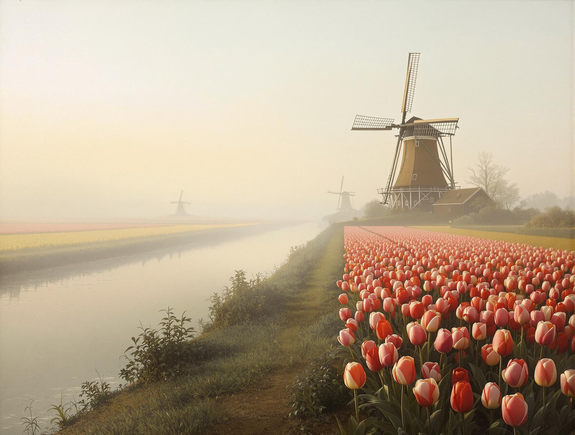 AI generated: A serene, meticulously composed scene in the style of Pieter Jansz Saenredam, depicting a Dutch cana...