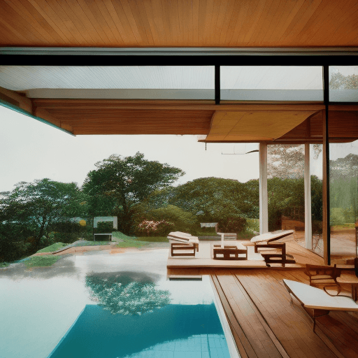AI generated: Hyper realistic eye level exterior photo of a mid century modern style house overlooking the ocean, ...