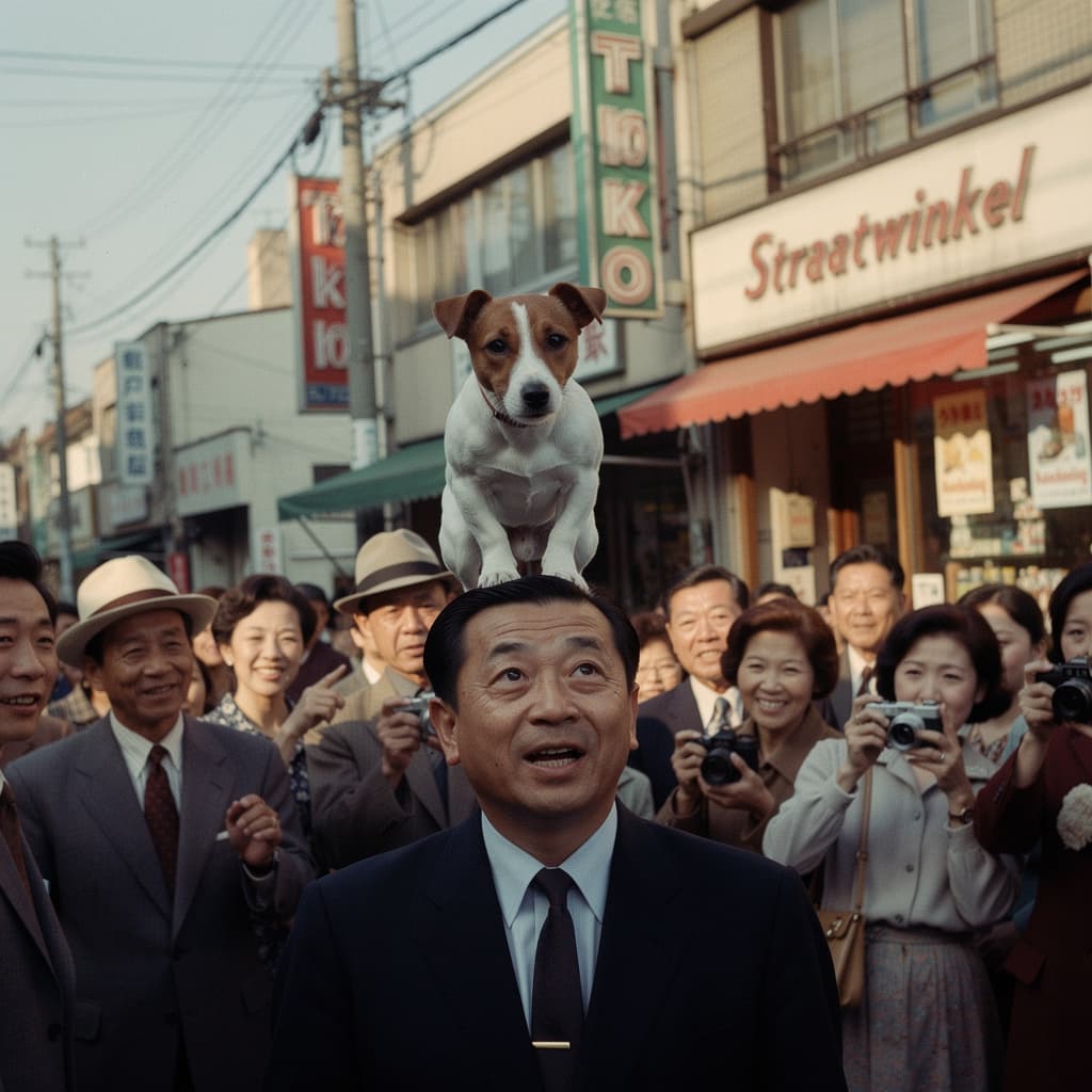 AI generated: Een Jack Russell staat met vier poten boven op het hoofd van een man in het Tokio van de jaren 60. E...