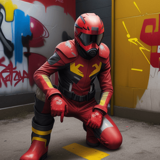 AI generated: a young, clothes: red helmet, red black hero suit, gloves yellow, boots yellow. surrounded by spray ...