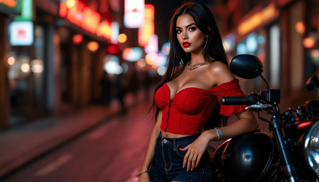 AI generated: A beautiful very buxom fashion model with a slim waist (age 21) wears dark indigo denim shorts with ...