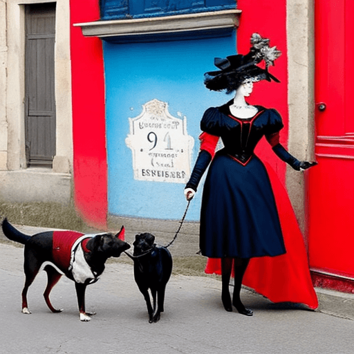 AI generated: Une femme avec chien marche dans la rue avec les cuissardes, Un beau visage avec des détails hyper d...