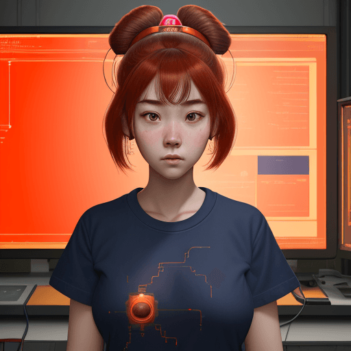 AI generated: girl in the lab, in the style of hyper-realistic portraits, navy t-shirt gongbi, crimson and amber, ...