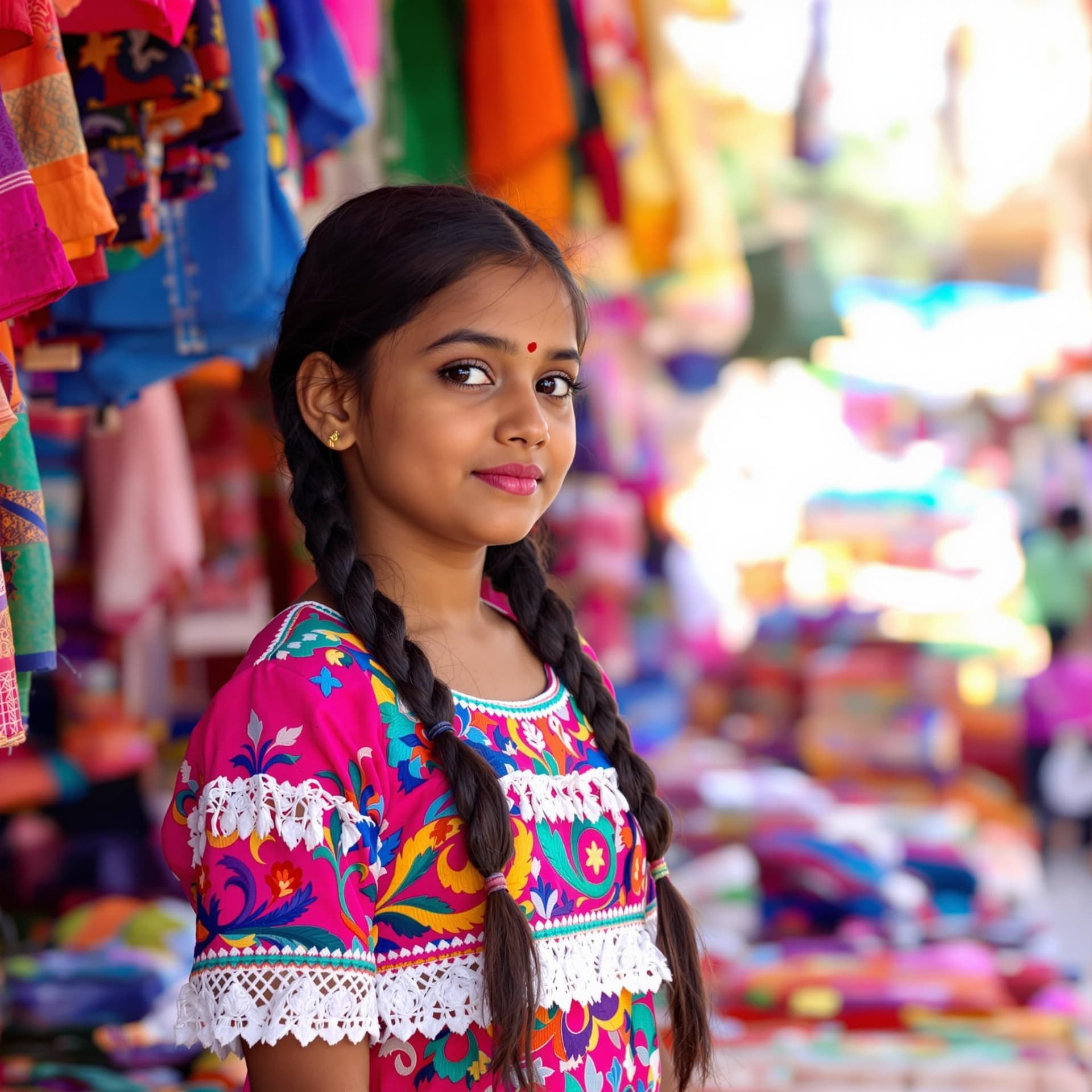 AI generated: The image features a young Indian  girl wearing a vibrant, multicolored embroidered top with delicat...