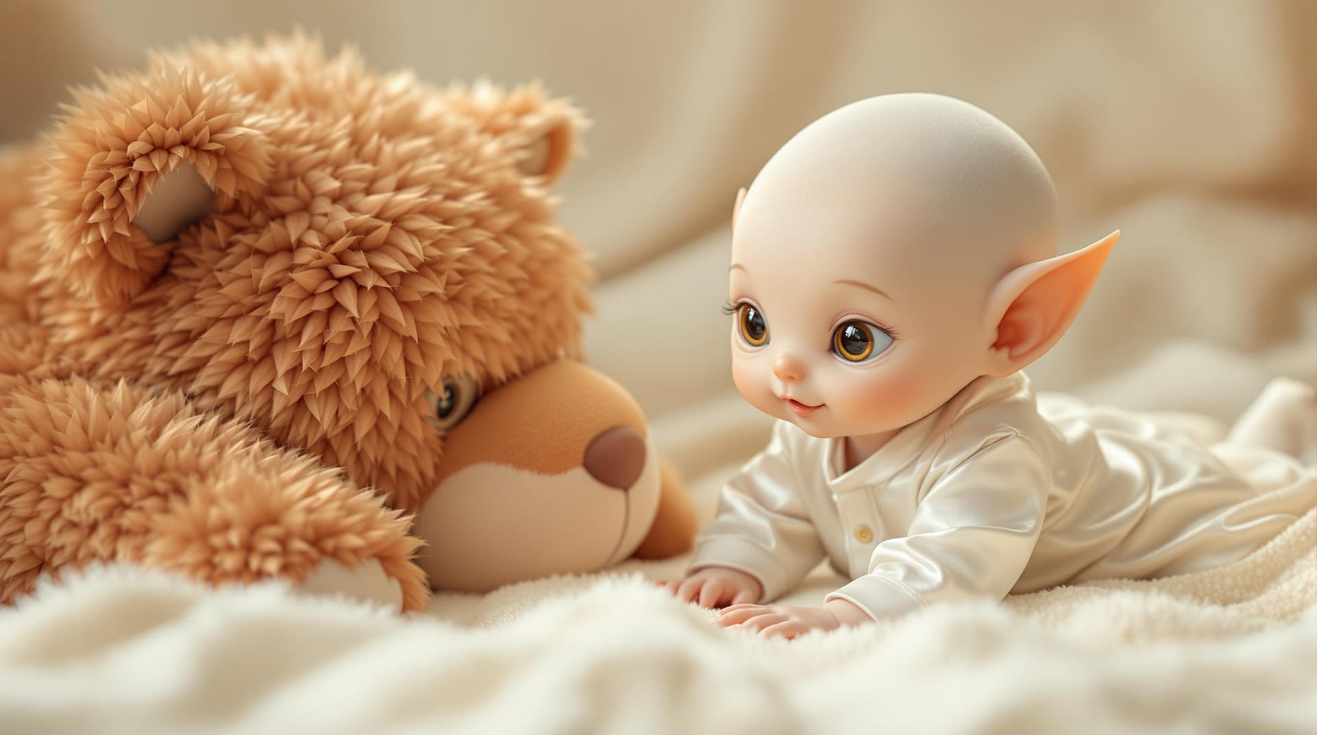 AI generated:  a beautiful and (cute alien baby ) with topaz color eyes,pointed ears, wearing a silk white adorabl...