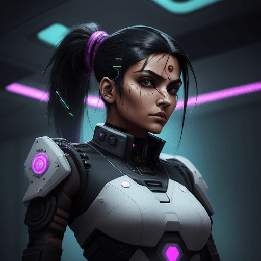 AI generated: "Design a futuristic, cyberpunk-themed Indian female gaming character. She has dark hair tied into a...