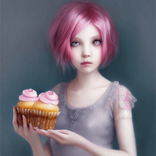AI generated: a girl with pink hair holding a cupcake, kawaii realistic portrait, melancholy pastel art, by nicole...