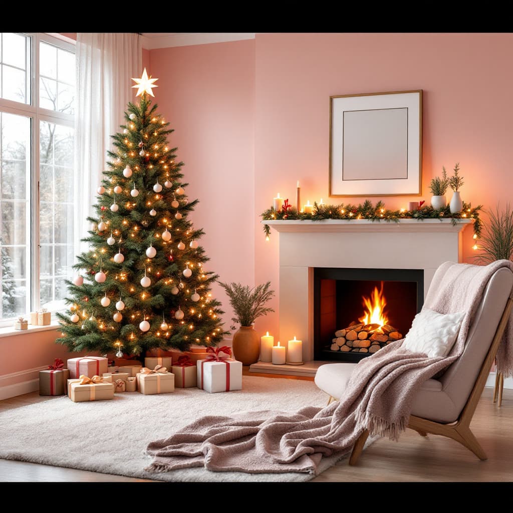 AI generated: light pink Modern Mid Century Living Room With Christmas Tree And Decorations with fire place and gi...