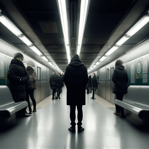 AI generated: create an image of a person standing alone in a subway station, under a single bright fluorescent li...