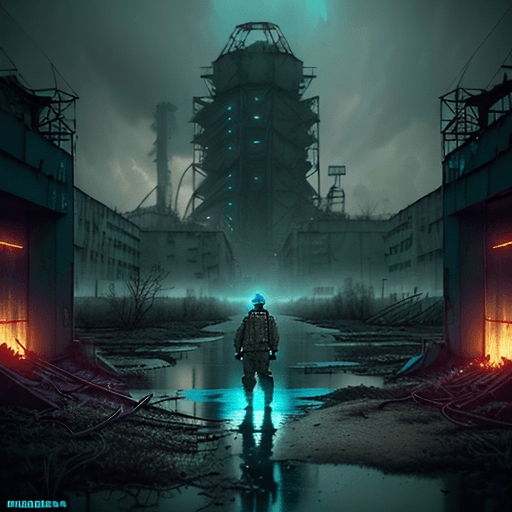 AI generated: a beautiful highly detailed matte painting of stalker standing next to an anomaly in Chernobyl by Jo...