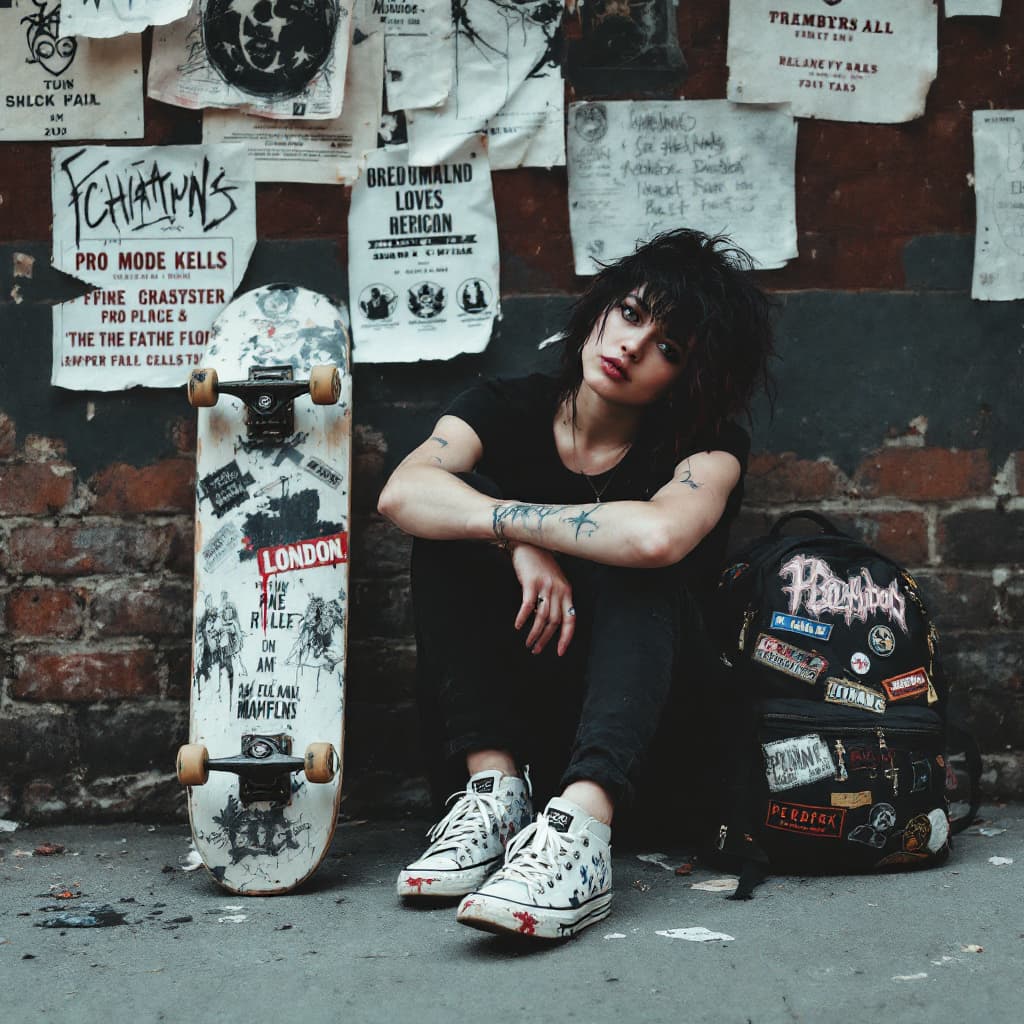 AI generated: london punk female , wearing skateshoes , sitting on ground with back against wall, a pro skateboard...