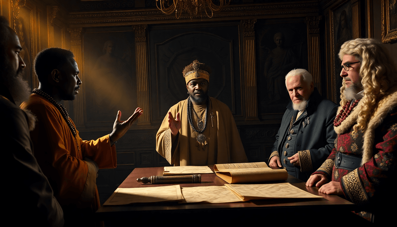 AI generated: A dramatic, ultrarealistic photo  a mysterious African priest in traditional robes and tribal adornm...