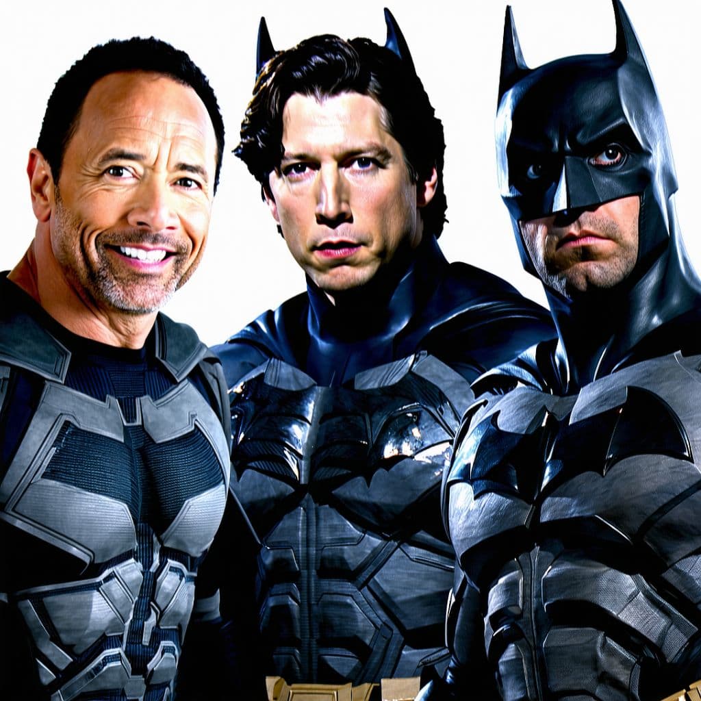 AI generated: Joe rogan is Adam sandler is Adam driver is Dwayne the rock Johnson is mike Myers is batman is cilia...