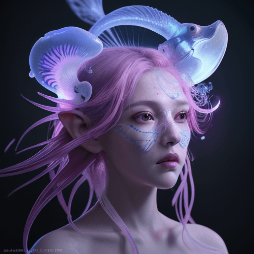 AI generated: Goddess close-up portrait ribcagel. jellyfish phoenix head, nautilus, orchid, skull, betta fish, bio...