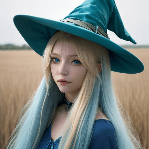AI generated:  blonde hair with blue tips, long hair, blue eyes, witch hat, hair between eyes, in a plains field, ...