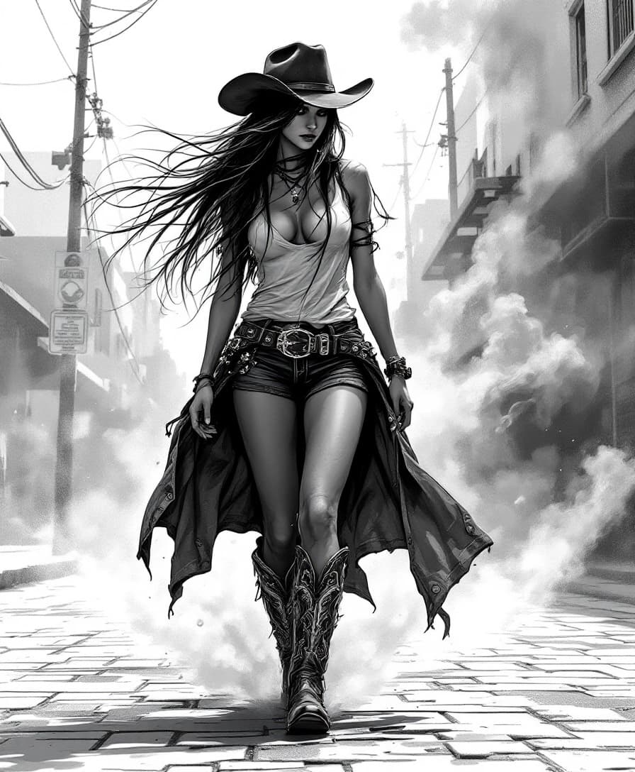 AI generated: A digital drawing of an urban cowgirl, full body, walking on the street, wearing cowboy boots and ha...