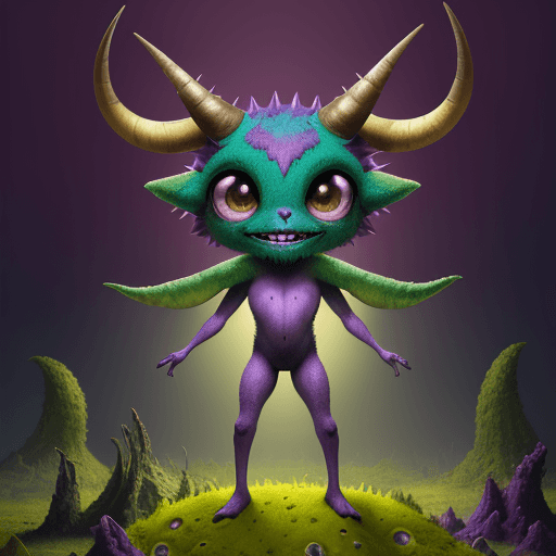 AI generated:  cartoon of a colorful creature, big eyes and big teeth, big horns, light bronze and purple schema, ...