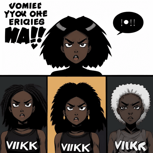 AI generated: black girl in her 20s, black eyes, angry face, "VUKANI!" bold font behind her, male and female silho...