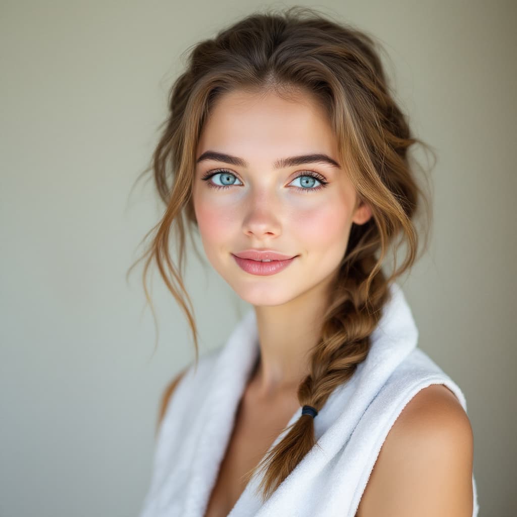 AI generated: A portrait of a young woman with light brown hair in a French braid, not smiling with blue eyes and ...